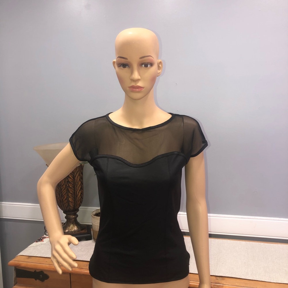 Bebe Black Short Sleeve Mesh Mock Neck Blouse